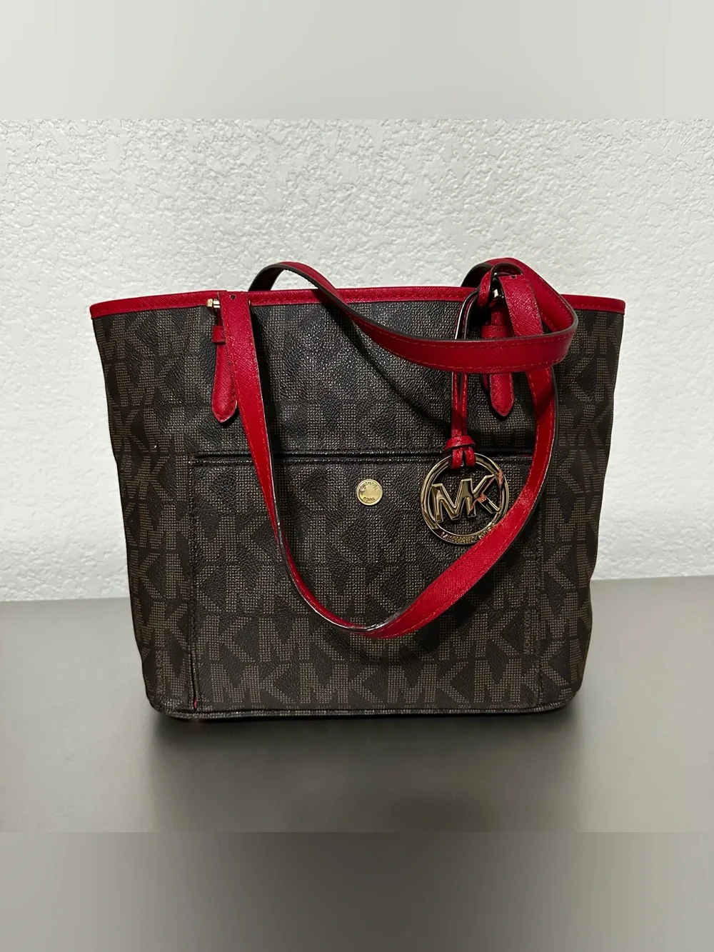 Michael Kors Jet Set Travel MK Signature Brown Red Tote Bag